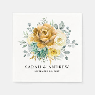 Mustard Yellow Floral Sage Greenery Modern Wedding Napkin