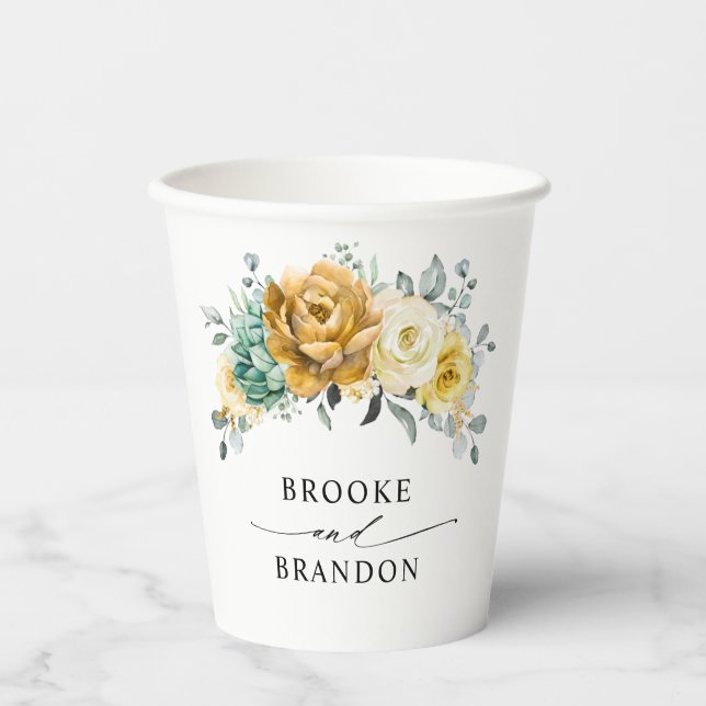 Mustard Yellow Floral Sage Greenery Modern Wedding Paper Cups (Front)