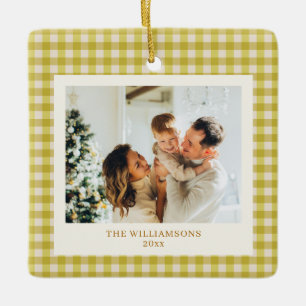 Mustard Yellow Gingham Family Photo Personalised Ceramic Ornament