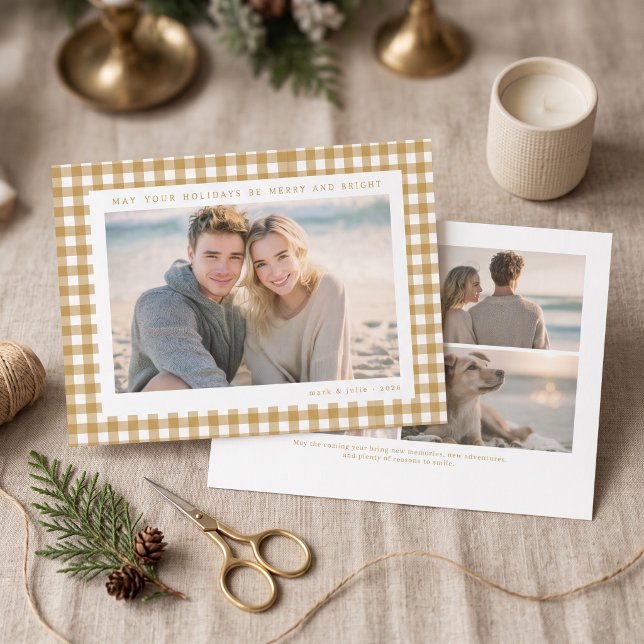 Mustard Yellow Gingham Frame Holiday Photo Card (Simulated cards on table)