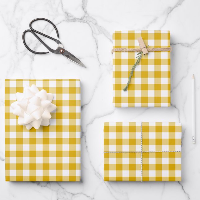 Mustard Yellow Gingham Retro Color Wrapping Paper Sheet (Front)