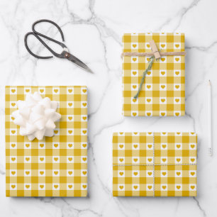 Mustard Yellow Heart Plaid Gingham Retro Color Wrapping Paper Sheet