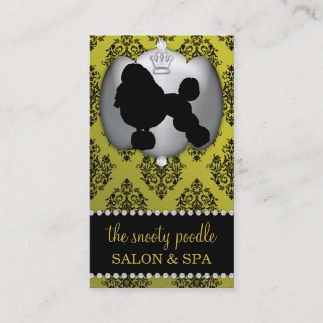 Mustard Yellow Jewelled Damask Dog Grooming/Spa Business Card (Front)