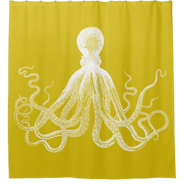 Mustard Yellow Kraken Octopus Shower Curtain (Front)