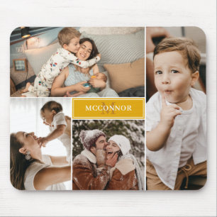 Mustard Yellow Modern 4 Photo Collage & Name Mouse Pad
