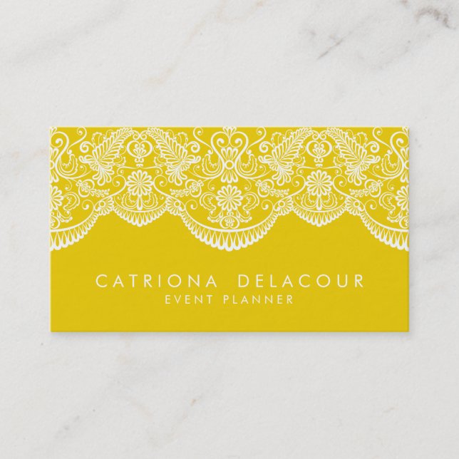 Mustard Yellow Moroccan Lace Pattern Business Card (Front)