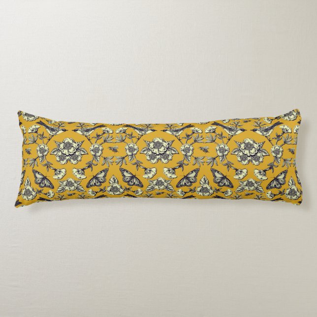 Mustard Yellow & Navy Birds, Butterflies & Flowers Body Cushion (Front)