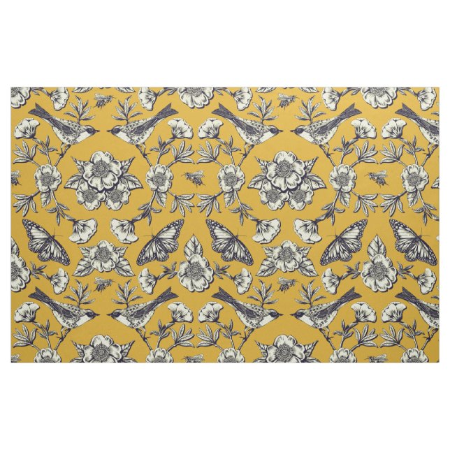 Mustard Yellow & Navy Birds, Butterflies & Flowers Fabric (Fat Quarter)