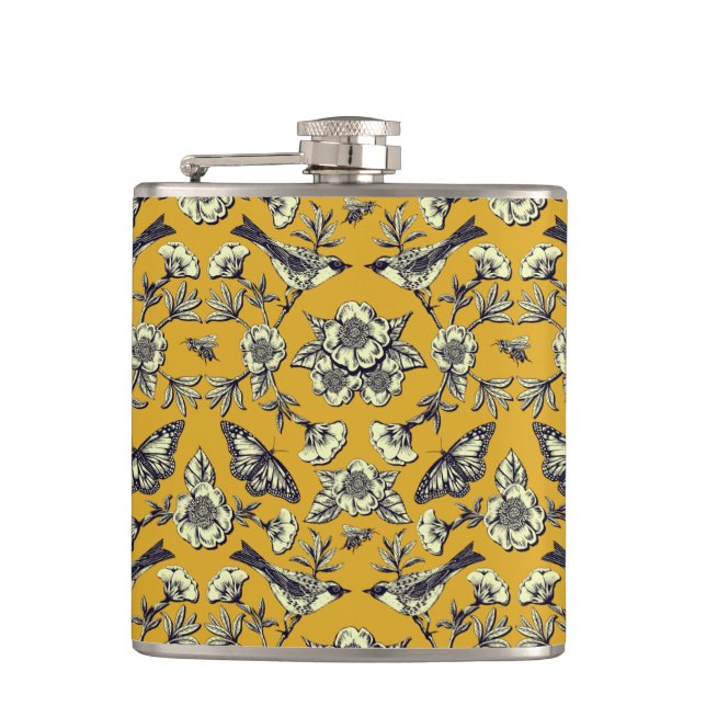 Mustard Yellow & Navy Birds, Butterflies & Flowers Hip Flask (Front)