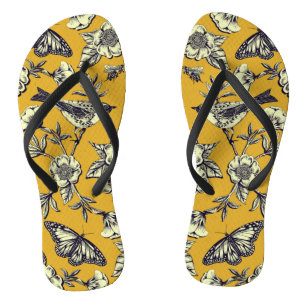Mustard Yellow & Navy Birds, Butterflies & Flowers Jandals