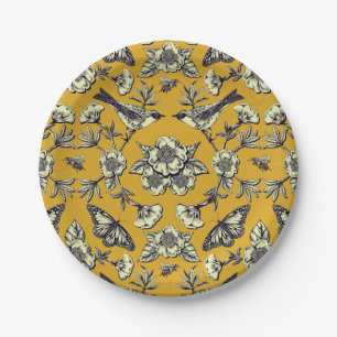 Mustard Yellow & Navy Birds, Butterflies & Flowers Paper Plate