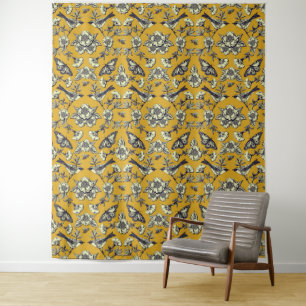 Mustard Yellow & Navy Birds, Butterflies & Flowers Tapestry
