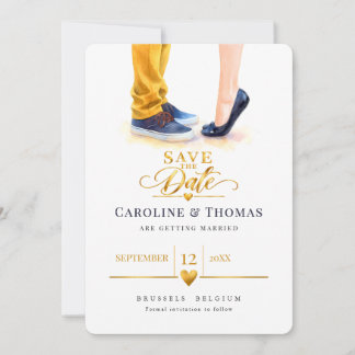 Mustard Yellow Navy Watercolor Couple Wedding Save The Date