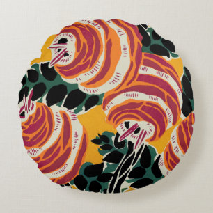 Mustard Yellow & Orange Art Deco Floral Decor Round Cushion