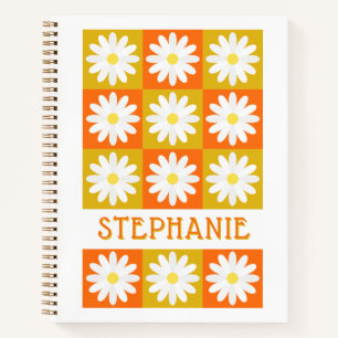 Mustard Yellow Orange Daisy Retro Chequerboard Notebook