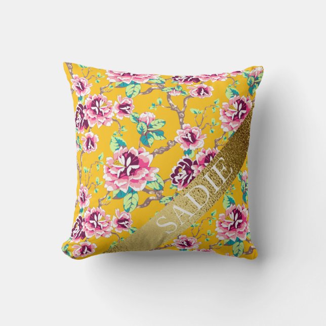 Mustard Yellow Pink Floral Gold Personalised Cushion (Front)
