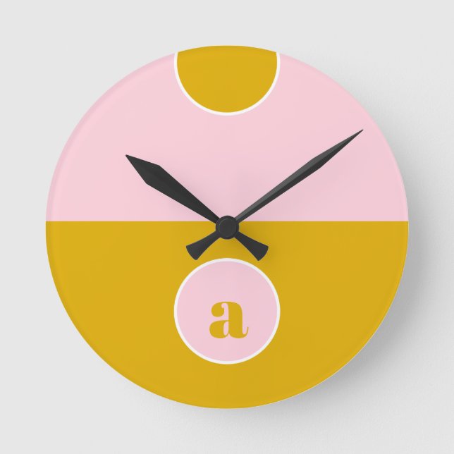 Mustard Yellow Pink Monogram Round Clock (Front)