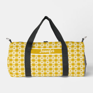 Mustard Yellow Plaid Shamrock Clover Customizable  Duffle Bag