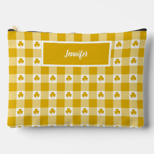 Mustard Yellow Plaid Shamrock Customizable Accessory Pouch
