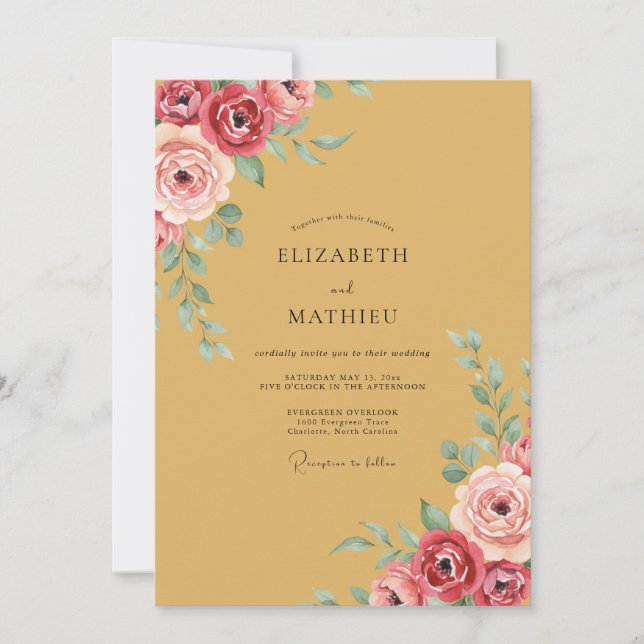 Mustard Yellow Romantic Floral Wedding Invitation (Front)