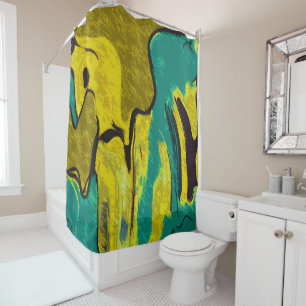 Mustard Yellow Teal Abstract Shower Curtain