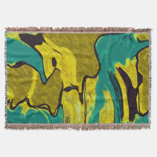 Mustard Yellow Teal Abstract Throw Blanket (Front)