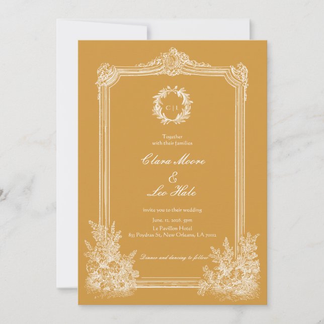 Mustard Yellow Vintage Ornate Frame Wedding Invitation (Front)