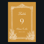 Mustard Yellow Vintage Ornate Frame Wedding Table Number<br><div class="desc">Elevate your wedding reception with this warm and elegant mustard yellow vintage ornate frame wedding table number, featuring a delicate white line-art botanical border, a sophisticated decorative frame, and customizable details to match your special day. This timeless design blends classic wedding elegance with a touch of French country charm, making...</div>
