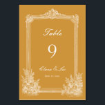 Mustard Yellow Vintage Ornate Frame Wedding Table Number<br><div class="desc">Elevate your wedding reception with this warm and elegant mustard yellow vintage ornate frame wedding table number, featuring a delicate white line-art botanical border, a sophisticated decorative frame, and customizable details to match your special day. This timeless design blends classic wedding elegance with a touch of French country charm, making...</div>