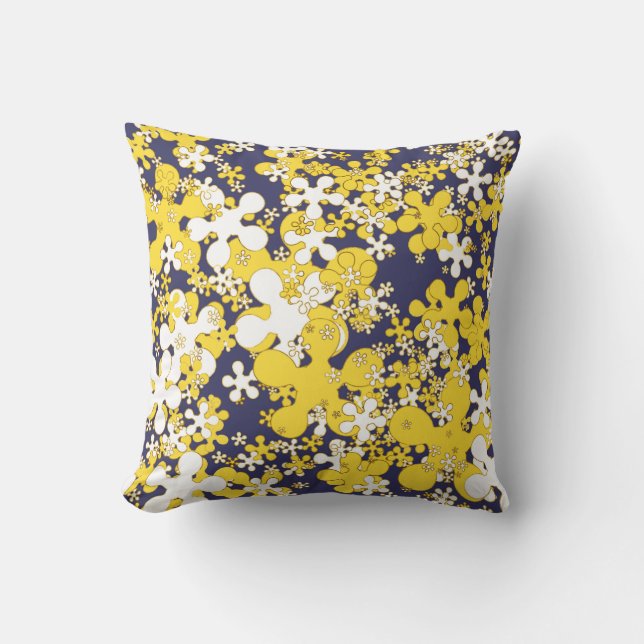 Mustard yellow, white, gold, navy blue, flowers cushion (Front)