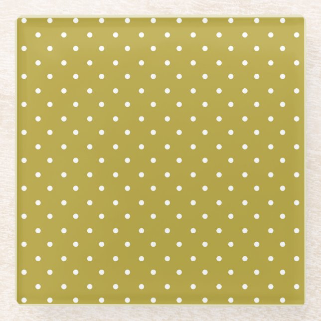  Mustard yellow white polka dots pattern  Glass Coaster (Front)