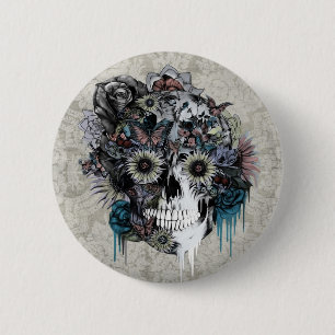 Mute, sunflower skull damask 6 cm round badge
