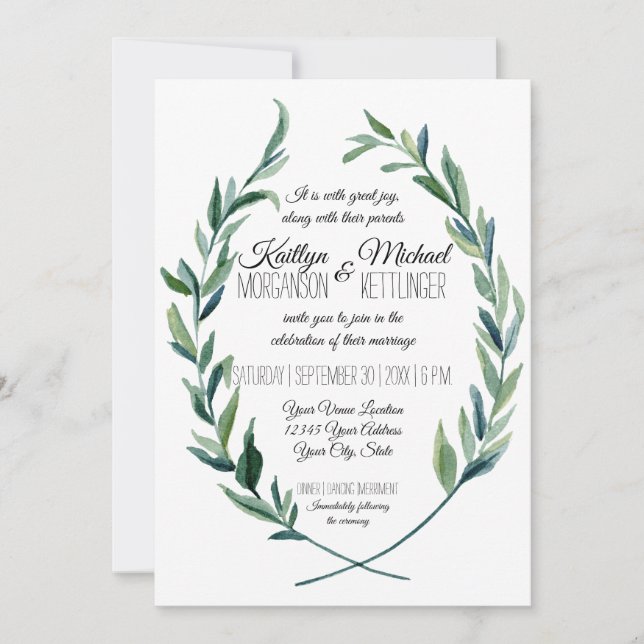 Muted 5X7 Laurel Wreath Olive Leaf Modern Invitation (Front)