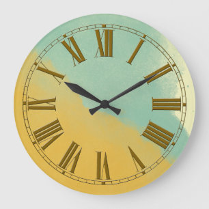 Muted Aqua and Gold Watercolor Effect Large Clock