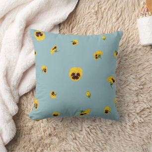 Muted Aqua Yellow Japanese Pansy Floral Pattern Cushion