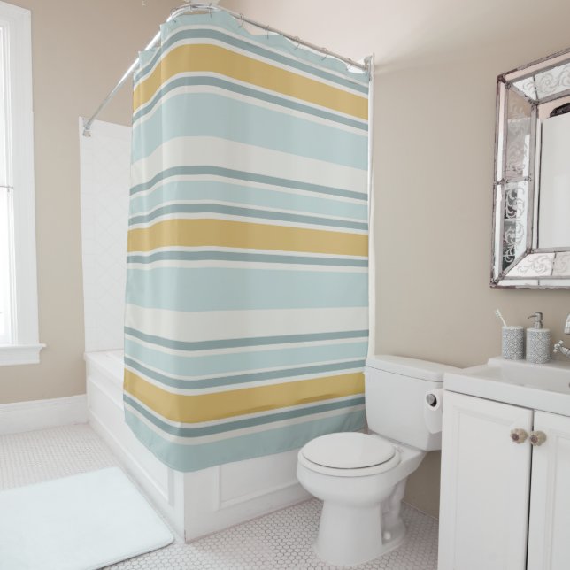 Muted Blue and Mustard Modern Stripe Bathroom Shower Curtain (In Situ)
