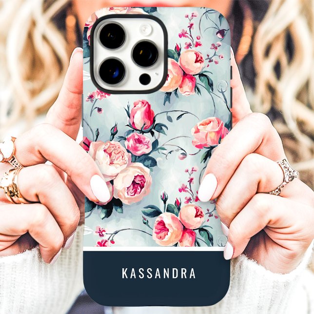 Muted Blue and Peach Custom Name Floral Case-Mate iPhone Case (Creator Uploaded)