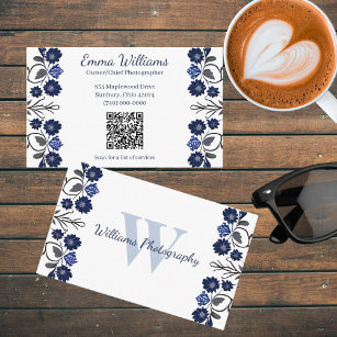 Muted Blue Floral Edges on White with QR Code  Business Card