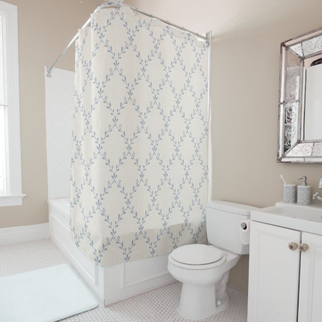Muted Blue Floral Trellis Block Print Pattern Shower Curtain (In Situ)