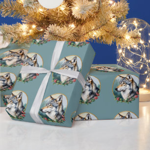 Muted Blue Folk Art Wolf Gift Wrap Roll