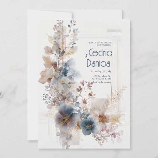 Muted Blue Folk Floral Wedding  Invitation (Front)