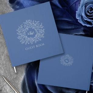 Muted blue silver leaf monogram wedding guest book