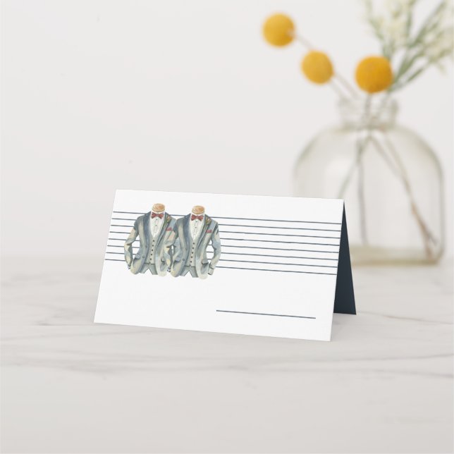 Muted Blue Two Grooms Suits and Bow Ties Wedding Place Card (Front)