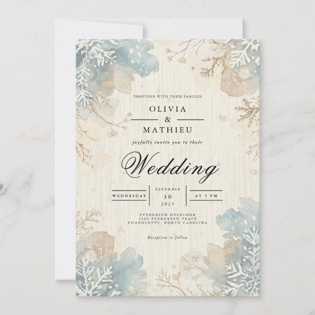 Muted Blue Winter Bloom Wedding Invitation (Front)