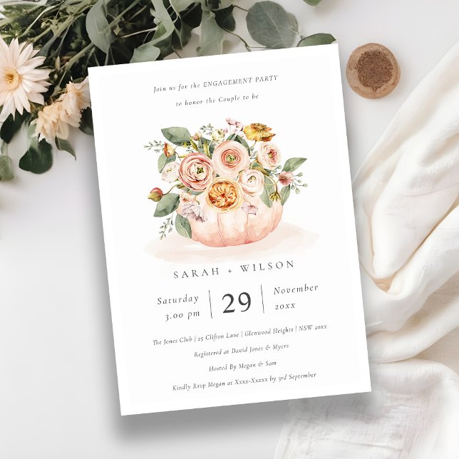 Muted Blush Pink Pumpkin Floral Engagement Invite (Creator Uploaded)