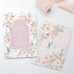 Muted Blush Stork Wildflower Baby Girl Shower Invitation