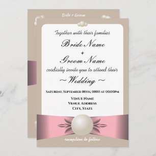 Muted Blush & Tan Pearl Ribbon Photo Wedding Invitation