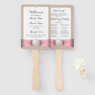 Muted Blush & Tan Pearl Ribbon Wedding Program Hand Fan