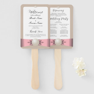 Muted Blush & Tan Pearl Ribbon Wedding Program Hand Fan