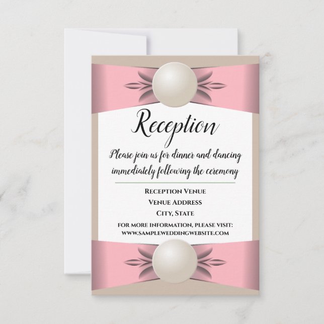 Muted Blush & Tan Pearl Ribbon Wedding Reception Invitation (Front)